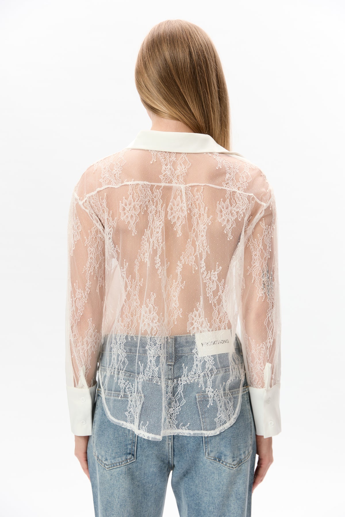 Sheer Lace Back Shirt - white