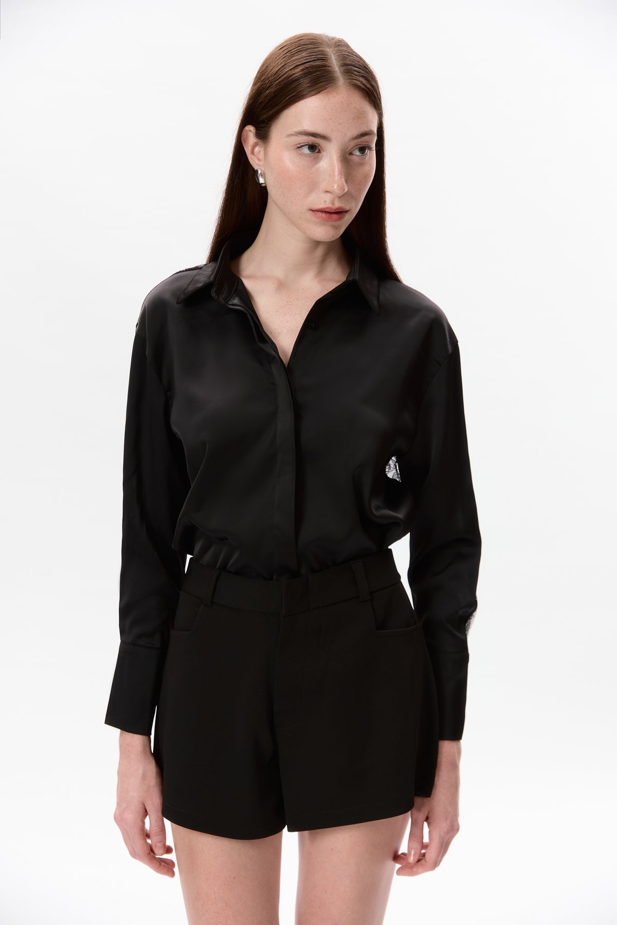 Sheer Lace Back Shirt - blak