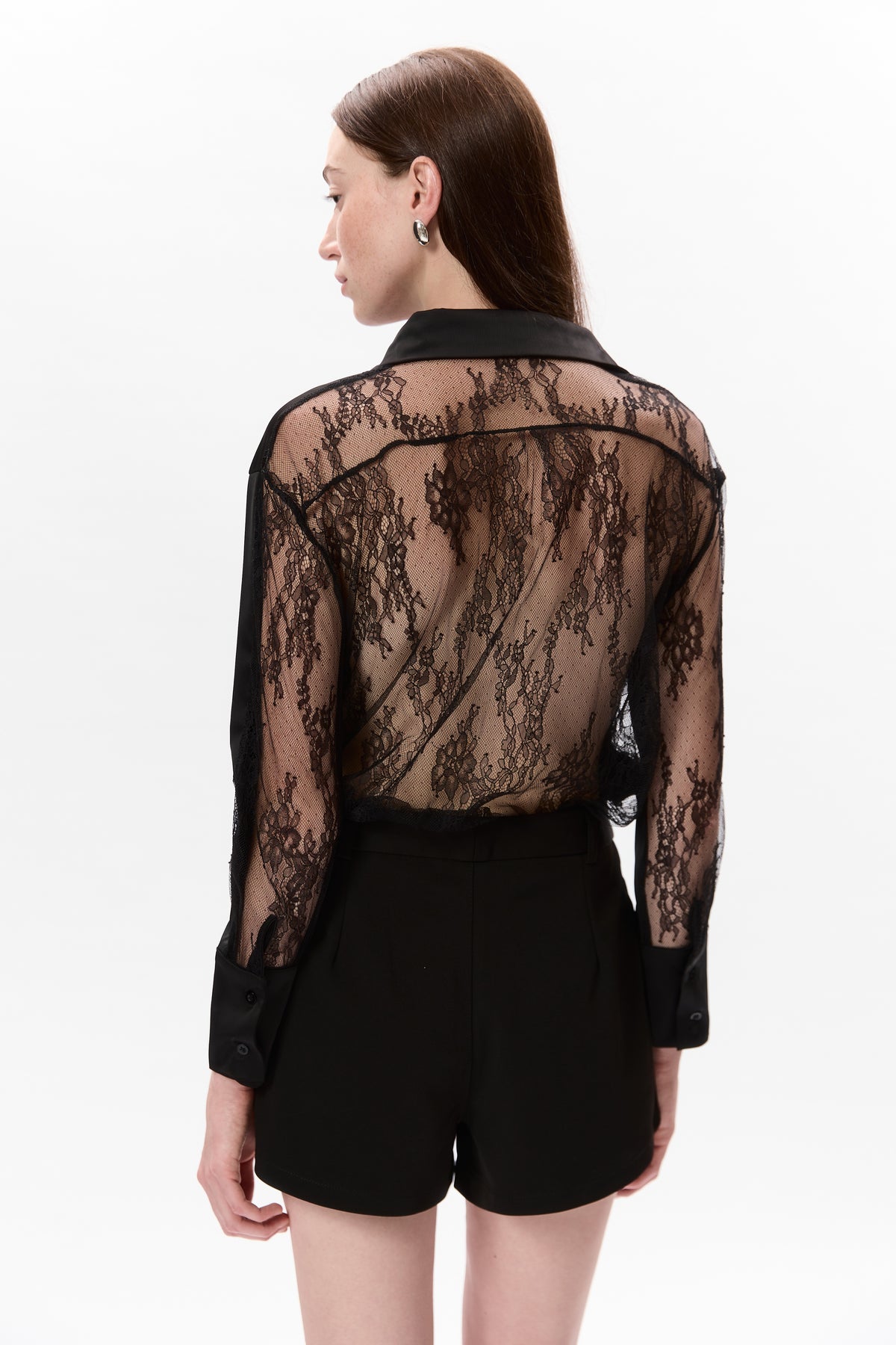 Sheer Lace Back Shirt - blak